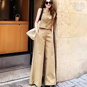 【初色】港式復古風透氣無袖純色圓領單排釦背心+休閒慵懶風顯瘦闊腿長褲套裝-卡其色-12301(M-XL可選) M 卡其色