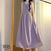 【初色】法式度假風氣質寬鬆純色圓領無袖吊帶背心中長裙連衣裙連身洋裝-共2色-12600(M-2XL可選) M 紫色
