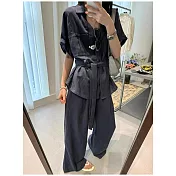 【ACheter】 工裝翻領短袖襯衫西裝闊腿長褲兩件式套裝# 125478 FREE 黑色