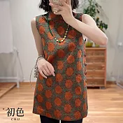 【初色】新中式立領印花斜單排盤釦無袖旗袍上衣女上衣-橘色-13261(M-2XL可選) M 橘色