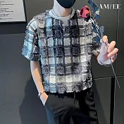 【AMIEE】格紋休閒設計潮流短袖上衣(男裝/KDTY-S103) M 灰色
