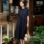 【初色】簡約氣質風修身柔軟純色圓領短袖皺褶裙襬中長連衣裙連身洋裝-藏青色-13163(M-XL可選) M 藏青色