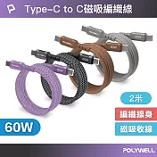 POLYWELL 磁吸收納PD快充線 Type-C To Type-C /2米  /灰色