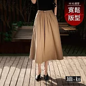 【Jilli~ko】鬆緊腰扣帶打摺A字半身裙 51307  FREE 卡其