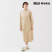 【MUJI 無印良品】女吉貝木棉混二重紗織長袖洋裝 S 芥黃直紋