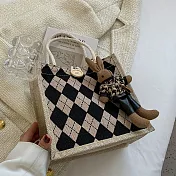 【素包包】手提包 小七超商輕購物秋冬感長耳兔方形亞麻手提袋(24040) _菱格黑