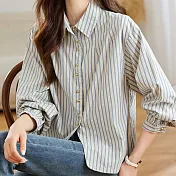 【MsMore】 大碼條紋襯衫長袖珍珠扣上衣# 125544 L 彩色
