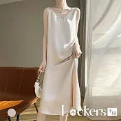 【Lockers 木櫃】韓國緞面V領連衣裙 L114081303 M 香檳色