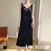 【Lockers 木櫃】韓國緞面V領連衣裙 L114081303 M 黑色