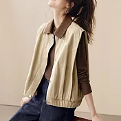 【MsMore】 巴恩風外套領口撞色拼接燈芯絨休閒背心# 125552 M 卡其色