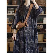 【ACheter】 森林印花立領寬鬆七分袖長洋裝# 125604 M 藏青色