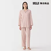 【MUJI 無印良品】女無側縫二重紗織長袖家居睡衣 M 粉紅直紋
