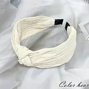 【卡樂熊】韓系寬版扭結格紋織布造型髮箍- 米色