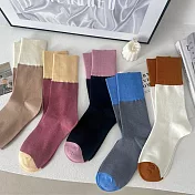 【AnZa】雙色拼接棉料復古休閒襪(5入組)      圖片色
