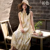 【初色】度假風印花後綁帶褶皺圓領無袖中長連衣裙連身洋裝-花色-13161(M-XL可選) M 花色