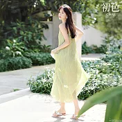 【初色】清新氣質風寬鬆純色圓領無袖褶皺裙襬中長連衣裙連身洋裝-綠色-13171(M-2XL可選) M 綠色