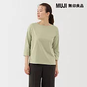 【MUJI 無印良品】女天竺船領七分袖T恤 L 淡綠