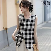 【初色】撞色復古格紋交叉設計圓領無袖襯衫上衣女上衣-黑色-13143(M-2XL可選) 2XL 黑色