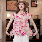 【初色】新中式復古風緹花立領短袖盤扣襯衫上衣女上衣-花色-13191(M-2XL可選) 2XL 花色