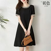 【初色】簡約純色蕾絲包邊圓領短袖修身A字連衣裙連身洋裝長洋裝-黑色-13181(M-2XL可選) M 黑色