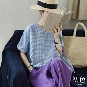 【初色】棉麻風日系復古方領細格紋短袖中大碼T恤上衣女上衣-藍格-12001(L-2XL可選) XL 藍格
