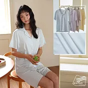【BODYAIR】涼滑感蠶絲短袖睡衣套裝(家居.居家服.居家褲.CASUAL) M 藍