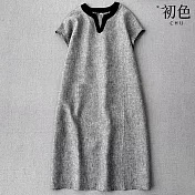 【初色】復古文藝氣質薄款拼接撞色圓領小V領短袖中長裙連衣裙連身洋裝-灰色-13748(M-2XL可選) M 灰色