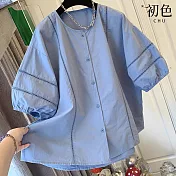 【初色】法式氣質風寬鬆圓領短袖單排扣襯衫上衣女上衣-共3色-13700(M-2XL可選) L 藍色