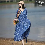 【初色】和服式復古風印花寬鬆V領七分袖中長連衣裙連身洋裝-藍色-13776(M-2XL可選) M 藍色