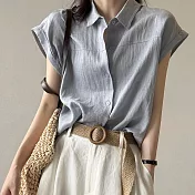 【AnZa】OL通勤飛袖短袖上衣襯衫     FREE 霧藍色