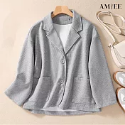 【AMIEE】西裝領短版寬鬆華夫格外套(KDCY-2265) L 灰色