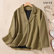 【AMIEE】西裝領短版寬鬆華夫格外套(KDCY-2265) L 姜黄色