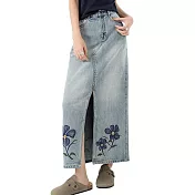 【MsMore】 復古刺繡花朵牛仔高腰顯瘦開叉A字長裙# 125831 M 藍色