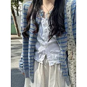 【MsMore】 韓系撞色條紋針織開衫外套# 125878 FREE 藍色