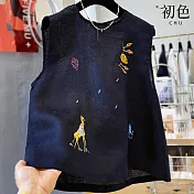 【初色】韓系刺繡小圖亞麻風輕薄透氣馬甲圓領背心女背心-藏青色-13720(M-2XL可選) M 藏青色