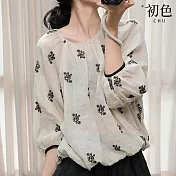 【初色】棉麻風純色圓領刺繡寬鬆七分袖襯衫上衣女上衣-白色-13723(M-2XL可選) M 白色