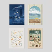 【 Hello Studio 你好工作室】星辰無憂夜／金光下的海／繽紛夢遊日／香頌畫咖啡｜明信片四入組