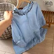 【初色】棉麻風純色木耳邊刺繡單排釦七分袖襯衫上衣女上衣-藍色-13727(M-2XL可選) L 藍色