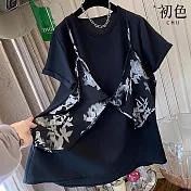 【初色】法式假兩件碎花吊帶馬甲短袖T恤上衣女上衣-黑色-13731(L-XL可選) L 黑色