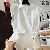 【初色】純色輕薄翻領無袖馬甲背心襯衫上衣女上衣-共2色-13744(M-2XL可選) M 白色