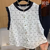 【初色】復古休閒滿版印花拼接木耳邊單排釦圓領無袖襯衫上衣女上衣-白色-13806(M-2XL可選) M 白色