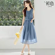 【初色】純色簡約圓領打摺無袖腰帶收腰顯瘦背心裙中長裙連衣裙連身洋裝長裙-共2色-13840(M-2XL可選) M 藍色