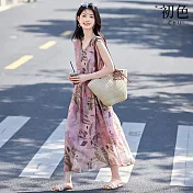 【初色】氣質V領印花無袖收腰A字裙中長連衣裙連身洋裝-粉紅色-13843(M-2XL可選) M 粉紅色