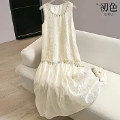 【初色】波希米亞渡假風圓領無袖拼接亮片背心裙中長裙連衣裙連身洋裝長裙-杏色-13849(M-2XL可選) M 杏色