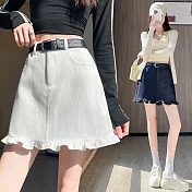 【MsMore】 木耳邊天絲牛仔半身裙顯瘦包臀A字防走光短裙# 125617 M 白色