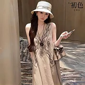 【初色】法式V領線條無袖中長裙連衣裙連身洋裝長裙-2款2色-13877(M-XL可選) M 卡其色-短款