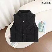 【AMIEE】立領燈芯絨拉鍊夾棉加厚無袖棉服馬甲背心(KDCQ-8332) M 黑色