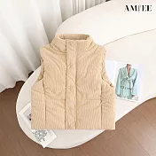 【AMIEE】立領燈芯絨拉鍊夾棉加厚無袖棉服馬甲背心(KDCQ-8332) M 卡其