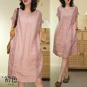 【初色】法式蕾絲拼接圓領短袖顯瘦中長裙連衣裙連身洋裝-共3色-14961(M-3XL可選) M 粉色