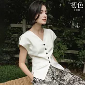 【初色】法式氣質收腰顯瘦V領排釦馬甲背心女背心-米白色-13898(M-2XL可選) M 米白色